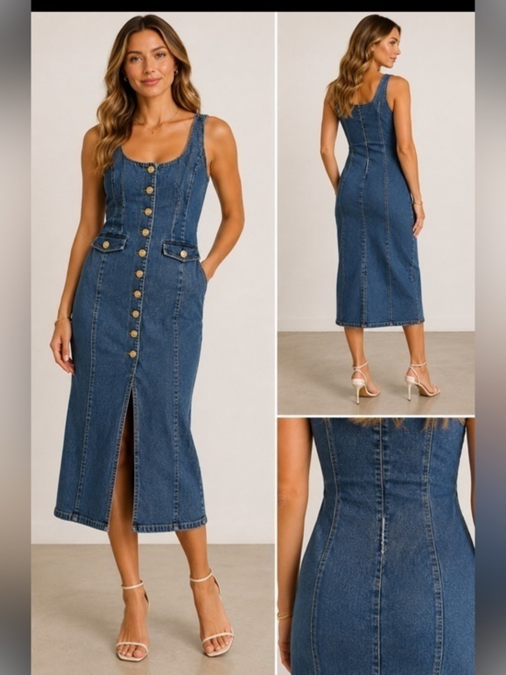 TOCCIN x RTR Denim Button Front Midi Dress Size 2 Sleeveless Stretch